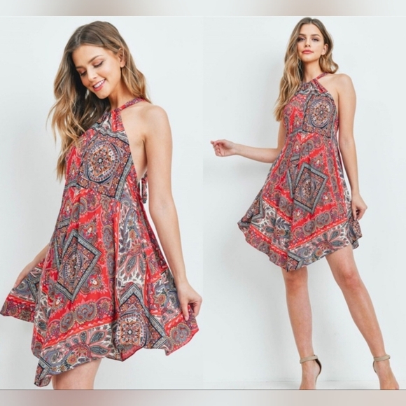 Bohemian Halter Cross Back Tie Asymmetrical Spring Summer Dress - Picture 1 of 8